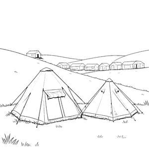 Abenteuerliches Zeltlager mit Tipi Ausmalvorlage für kleine Reisegäste
