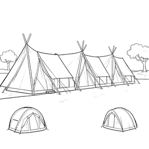 Großes Tipi-Zeltlager mit kleinen Zelten Ausmalvorlage für fröhliche Campingfreunde