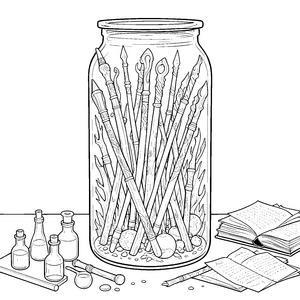 Vielseitige Zauberstäbe im großen Glas Ausmalvorlage für verträumte Bastler