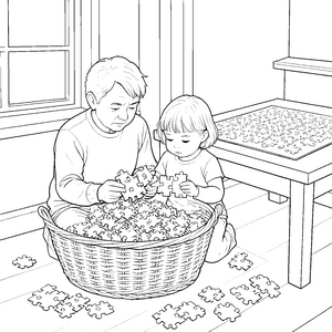 Konzentrierte Geschwister mit Puzzleteilen Ausmalbild für fröhliche Tüftler