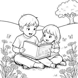 Neugierige Geschwister mit Buch im Gras Malvorlage für malfreudige Bücherwürmer