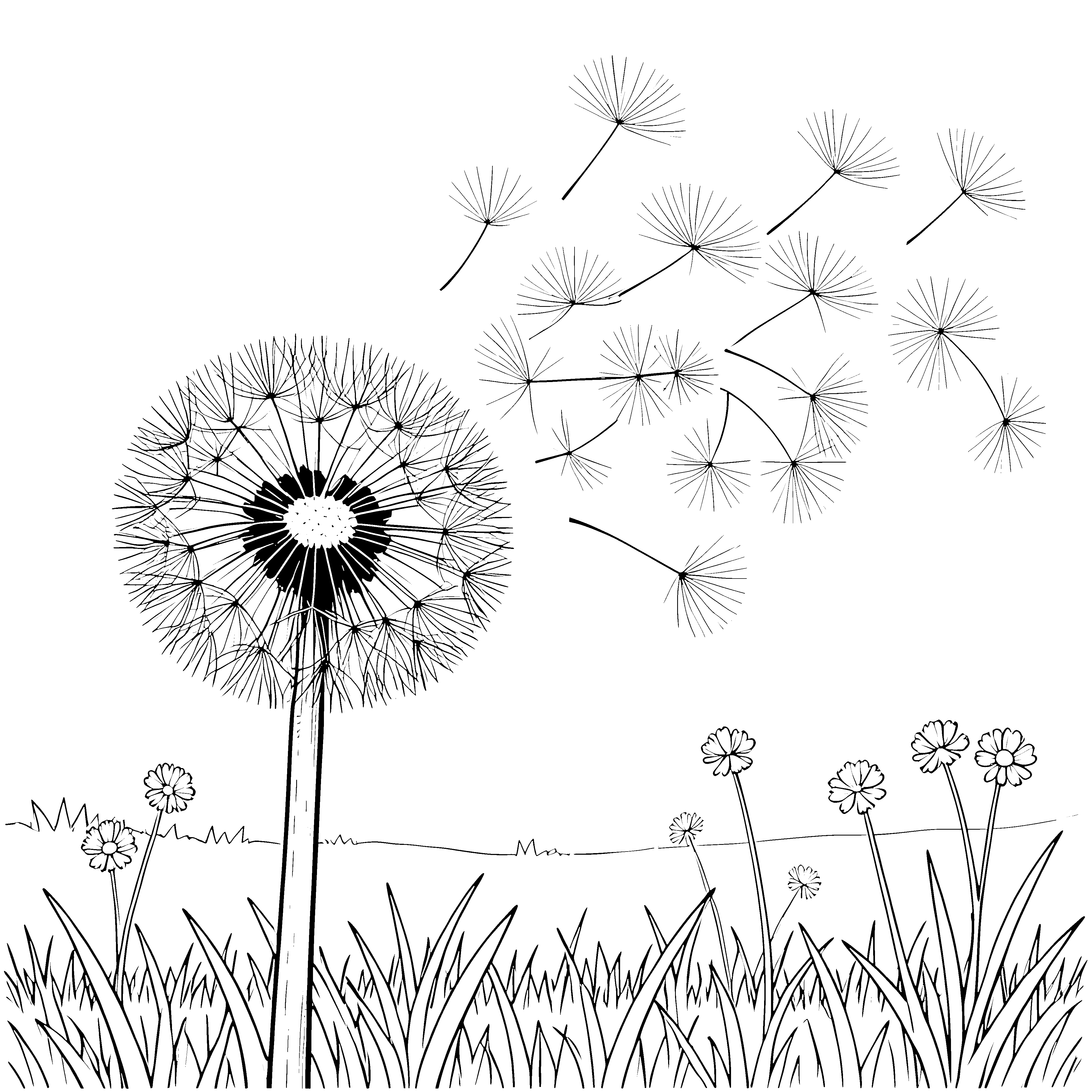 Sanfte Pusteblume mit wehenden Samen Malvorlage für fröhliche Wiesenlöwen