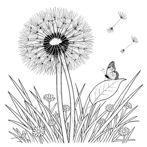 Sanfte Pusteblume mit Schmetterling Ausmalbild für junge Naturfreunde
