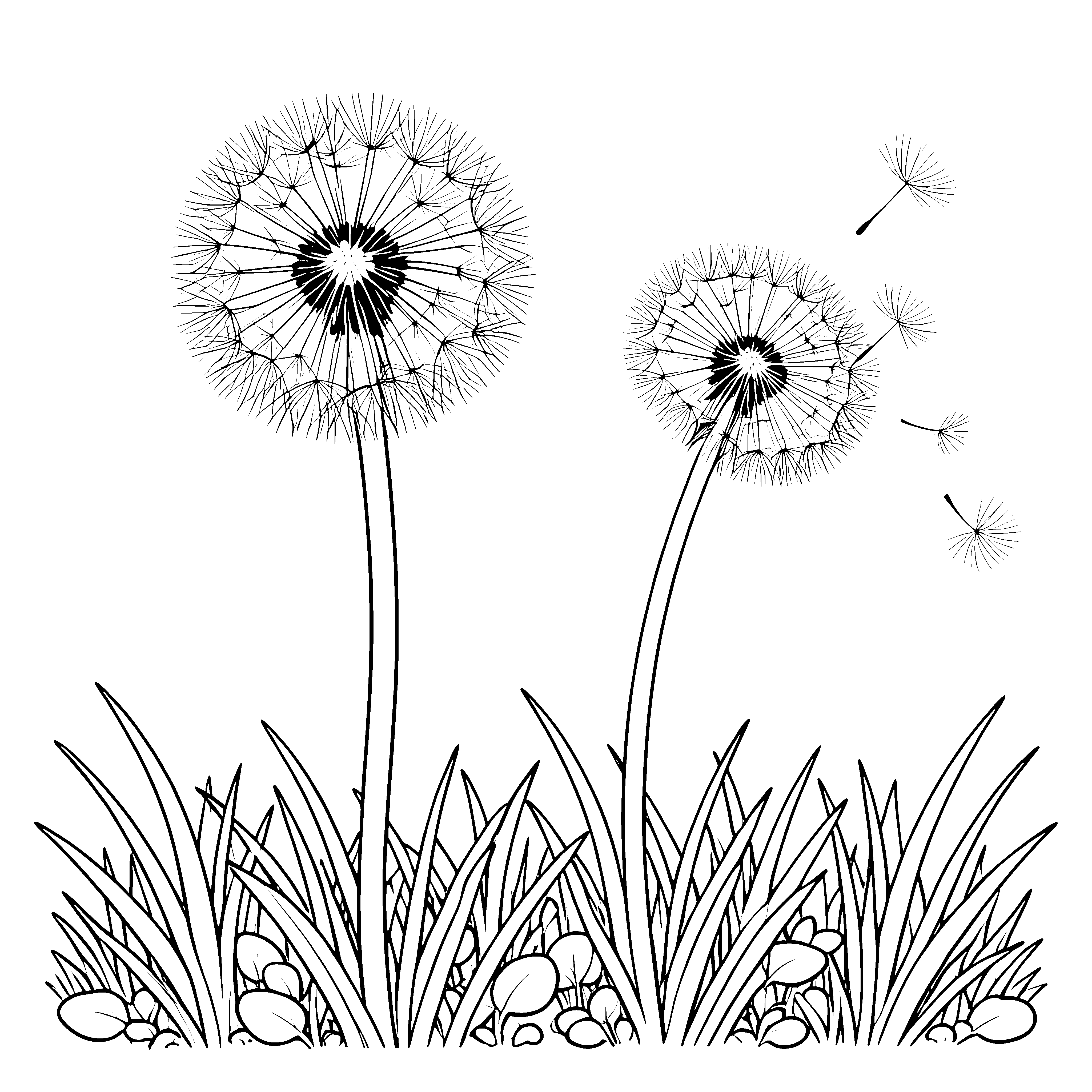 Sanfte Pusteblumen im Grashalm Ausmalvorlage für junge Blumenkinder