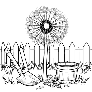 Heimische Pusteblume mit Schaufel und Eimer Malvorlage für verträumte Hobbygärtner
