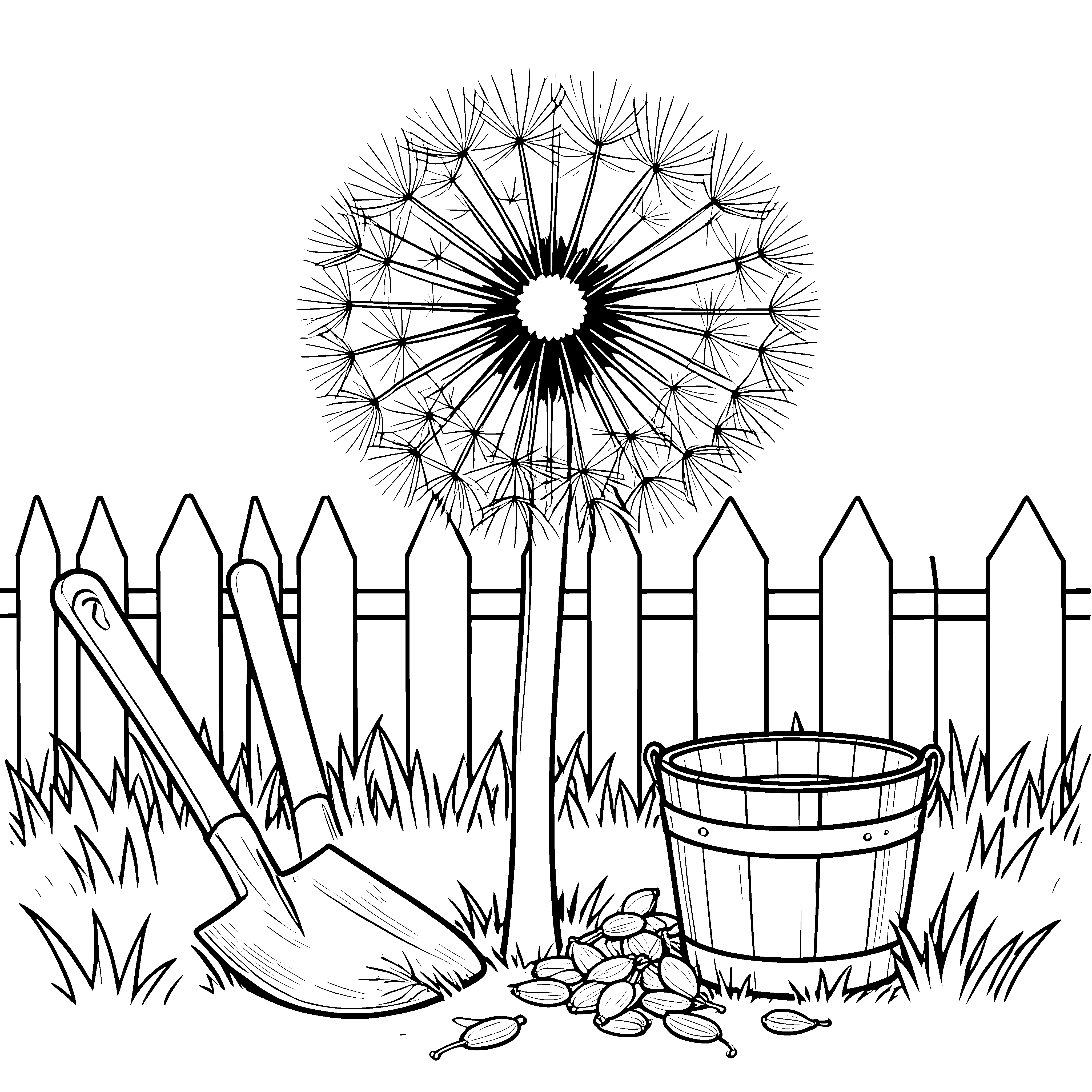 Heimische Pusteblume mit Schaufel und Eimer Malvorlage für verträumte Hobbygärtner