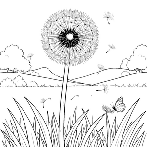Riesige Pusteblume mit Schmetterling Ausmalvorlage für kleine Abenteurer