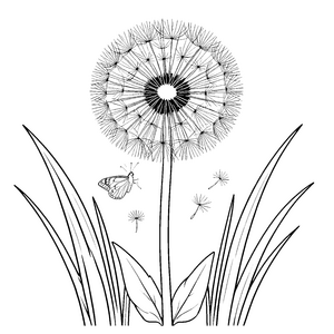 Zarte Pusteblume mit fliegendem Schmetterling Ausmalbild für junge Blumenliebhaber
