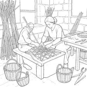 Geschickte Korbmacher bei der Arbeit Malbild für kleine Handwerker