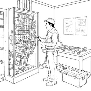 Arbeitsame Elektriker an der Schalttafel Malbild für kreative Handwerker