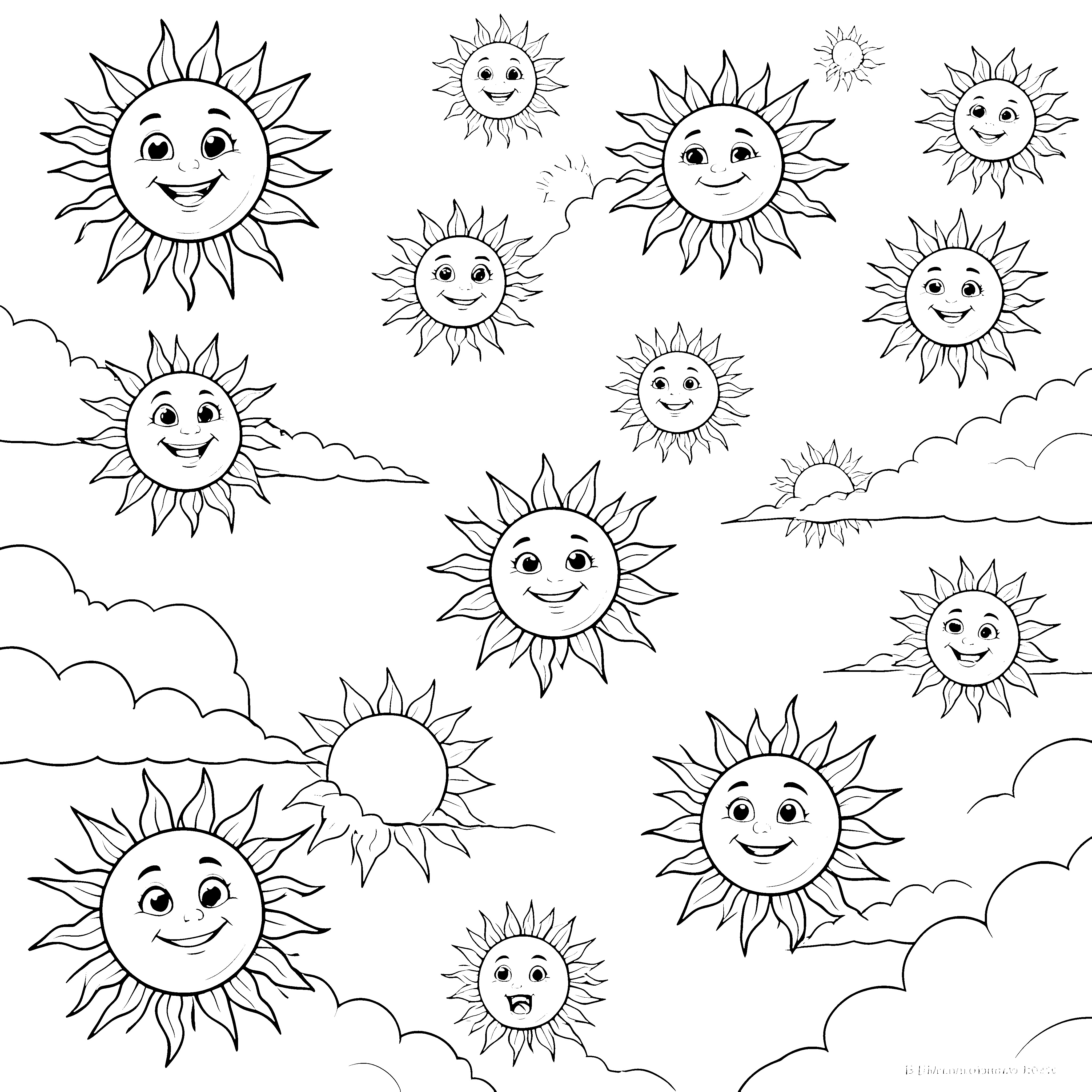 Verspielte Sonnen mit Gesichtern Ausmalbild für kleine Strahlenjäger