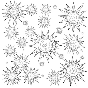 Vielfältige Sonnen mit Spiralen Ausmalvorlage für Sonnenanbeter