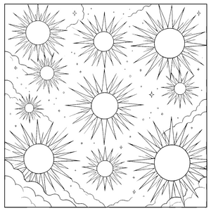 Leuchtende Sonnen mit langen Strahlen Malbild für Sonnenanbeter