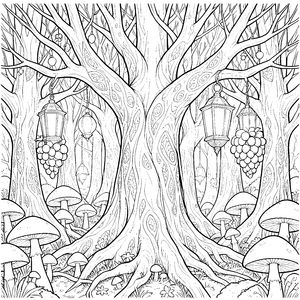 Prachtvoller Baum mit Laternen und Pilzen Malbild für neugierige Abenteurer
