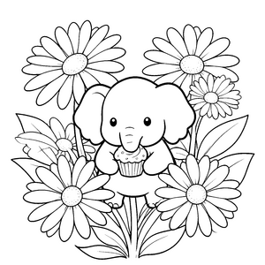 Fröhlicher Elefant mit Cupcake Malbild für malfreudige Naschkatzen