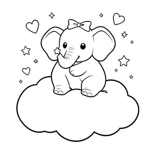Verspielter Elefant auf Wolke mit Sternen Ausmalbild für junge Weltenbummler