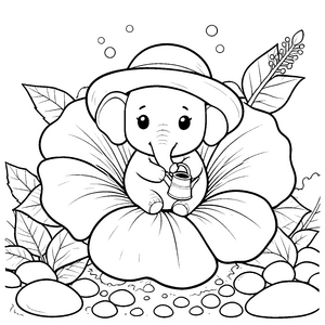 Entspannter Elefant im großen Blumenblatt Ausmalbild für kreative Naturfreunde