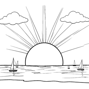 Strahlender Sonnenuntergang mit Segelbooten Ausmalvorlage für kreative Weltenbummler