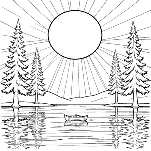 Sanfter Sonnenuntergang mit Ruderboot Ausmalvorlage für fröhliche Naturfreunde
