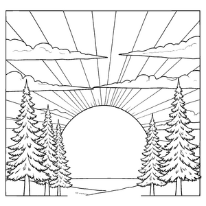 Strahlenvoller Sonnenuntergang zwischen Tannen Ausmalbild für mutige Waldläufer