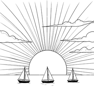 Strahlender Sonnenuntergang mit Segelbooten Ausmalvorlage für verträumte Weltenbummler