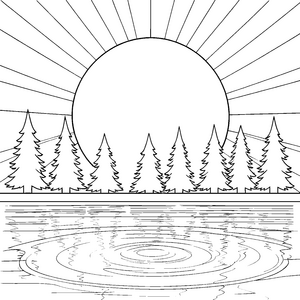 Prachtvoller Sonnenuntergang über Waldsee Ausmalvorlage für kleine Wasserratten