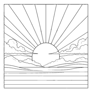 Leuchtender Sonnenuntergang über Wellen Ausmalvorlage für kleine Meeresfreunde