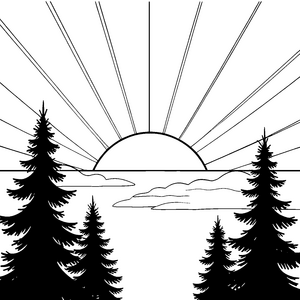 Glühender Sonnenuntergang hinter Tannen Ausmalbild für fröhliche Sterngucker
