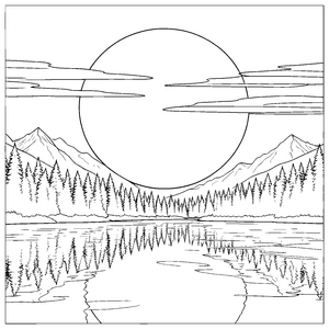 Majestätischer Sonnenuntergang über Bergsee Ausmalbild für neugierige Naturfreunde