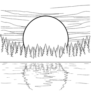 Prachtvoller Sonnenuntergang über Waldsee-Ausmalvorlage für neugierige Bastler