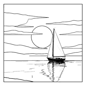 Friedlicher Sonnenuntergang mit Segelboot Malvorlage für kleine Wasserratten