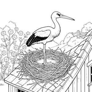 Stolzer Storch auf dem Dachnest Malbild für kleine Abenteurer