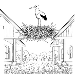 Einsamer Storch auf dem Dachnest Malbild für verträumte Spürnasen