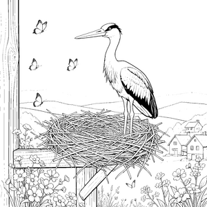 Wacholderstorch im Nest mit Schmetterlingen Ausmalbild für kreative Blumenkinder