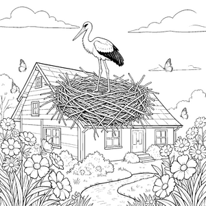 Wachsamer Storch auf dem Hausnest Ausmalvorlage für junge Naturfreunde
