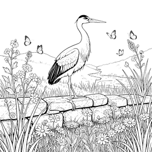 Majestätischer Storch an der Steinmauer Ausmalbild für kleine Naturfreunde