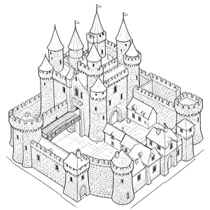 Gigantische Ritterburg mit Innenhof und Steg Malbild für kleine Abenteurer