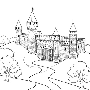 Mächtige Ritterburg mit Burgtor und Wegen Malbild für kleine Ritter