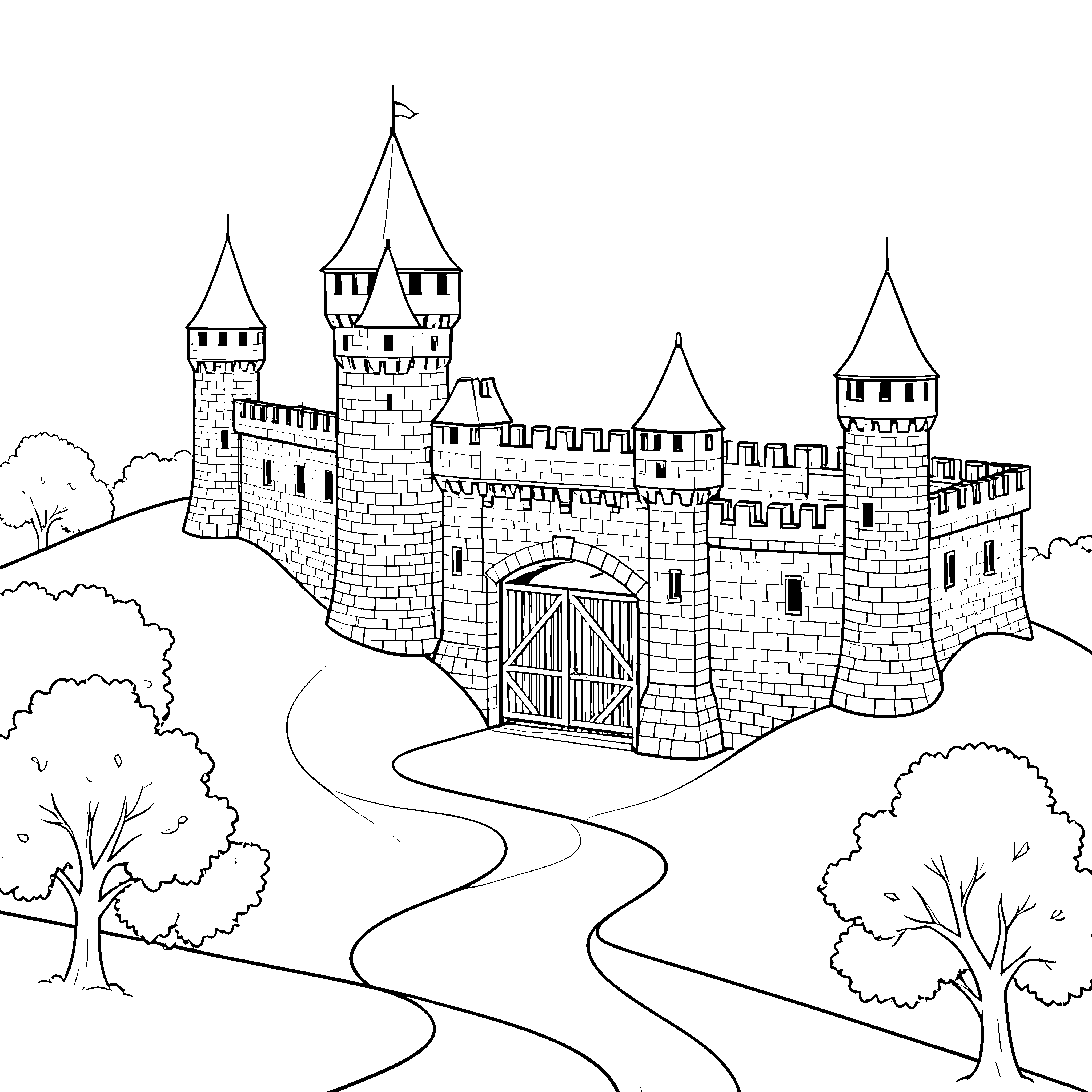 Mächtige Ritterburg mit Burgtor und Wegen Malbild für kleine Ritter