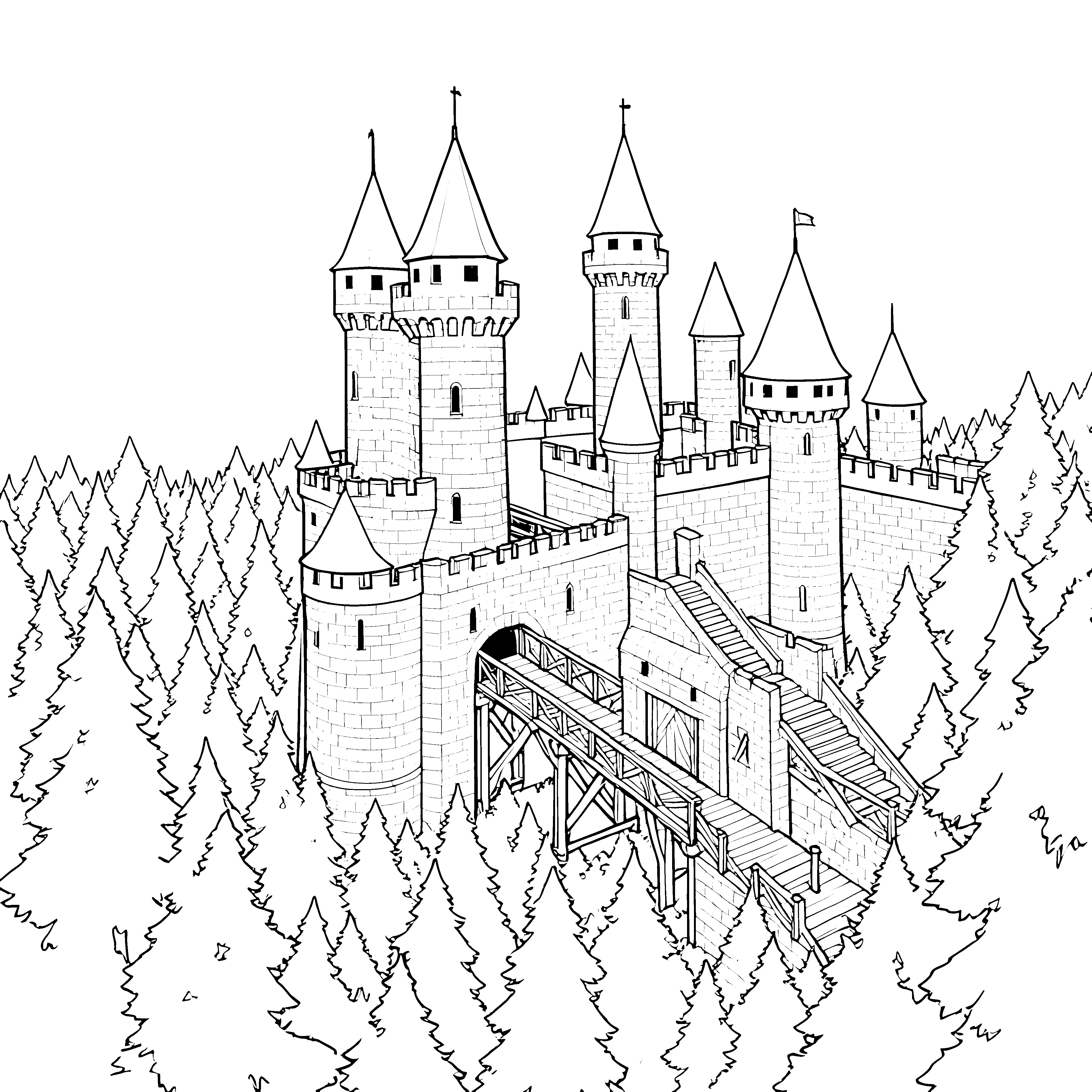 Prächtige Ritterburg mit Holzsteg im Nadelwald Malbild für kleine Entdecker