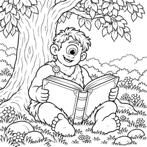 Leseferriger Zyklop unter dem Baum Malbild für verträumte Bücherwürmer