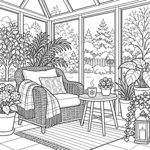 Gemütlicher Wintergarten mit Korbstuhl Ausmalvorlage für junge Hobbygärtner