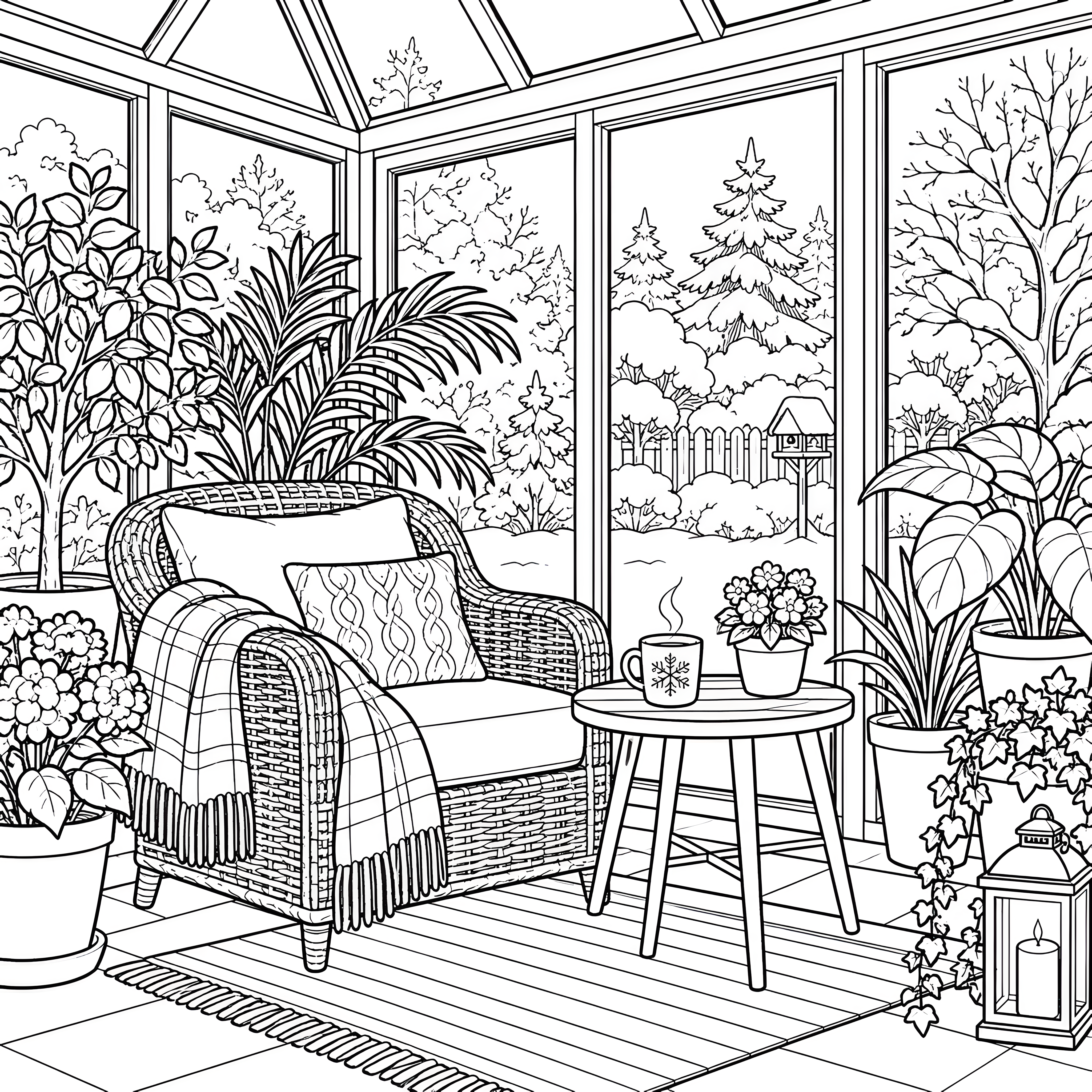 Gemütlicher Wintergarten mit Korbstuhl Ausmalvorlage für junge Hobbygärtner