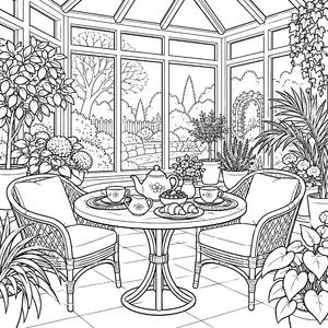 Gemütlicher Wintergarten mit Teekanne Ausmalbild für verträumte Naturfreunde