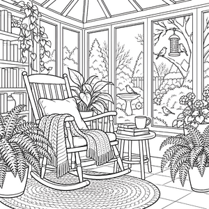 Gemütlicher Wintergarten mit Schaukelstuhl Ausmalvorlage für mutige Weltenbummler