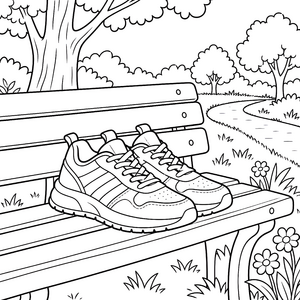 Gelassene Turnschuhe auf der Parkbank Ausmalbild für kleine Spürnasen