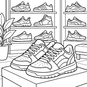 Glänzende Turnschuhe im Schuhregal Ausmalbild für kleine Schnüffler
