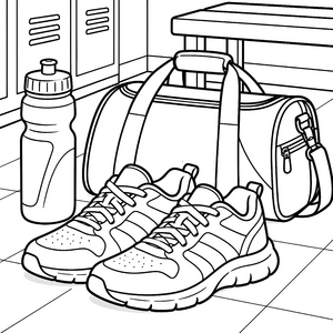 Sportliche Turnschuhe neben Sporttasche Malvorlage für fröhliche Bewegungstollen