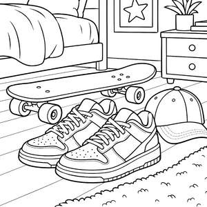 Trendige Turnschuhe mit Skateboard-Ausmalvorlage für kleine Actionhelden