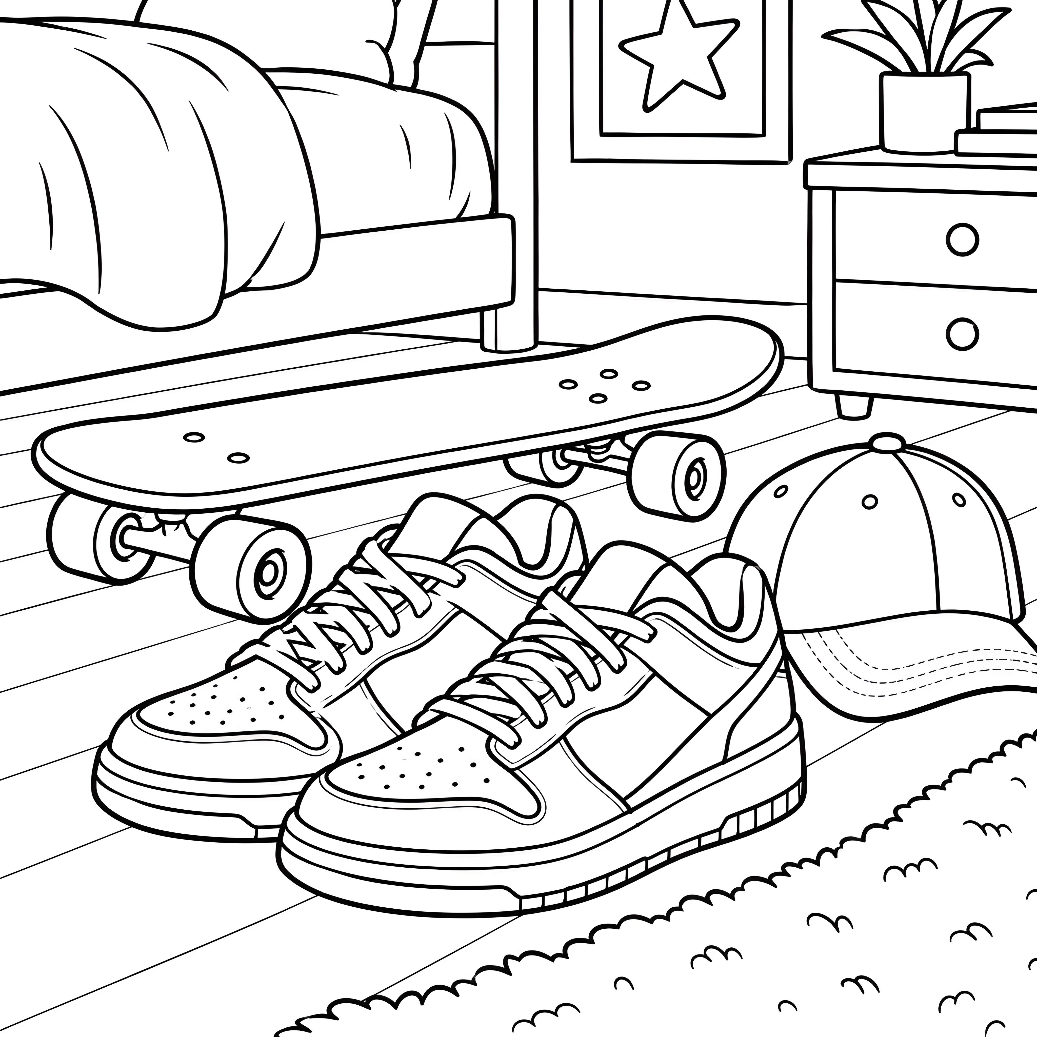 Trendige Turnschuhe mit Skateboard-Ausmalvorlage für kleine Actionhelden